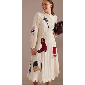 Stella Nova Katara Circus Midi Dress Seersucker Ivory Rabbit Cowboy  Size XXS